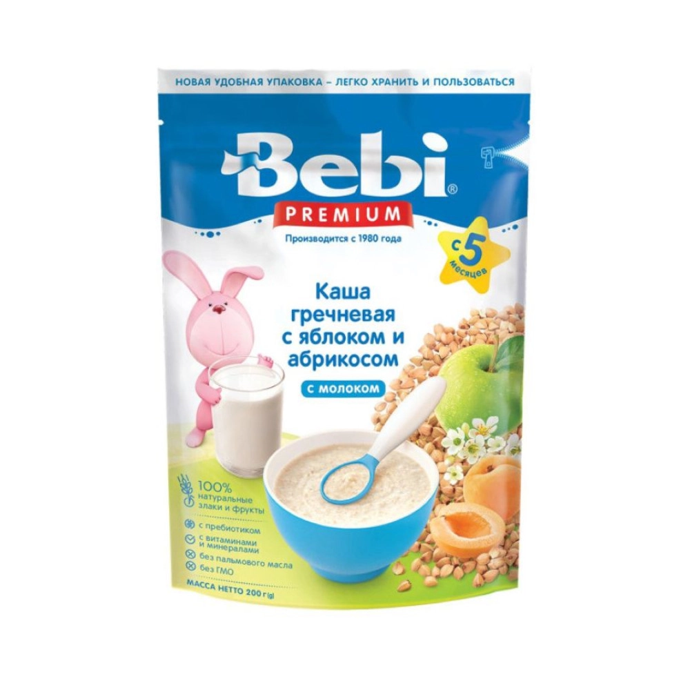 изображение Детская каша Bebi Premium гречневая молочная с яблоком и абрикосом 200гр от интернет-аптеки ФАРМЭКОНОМ