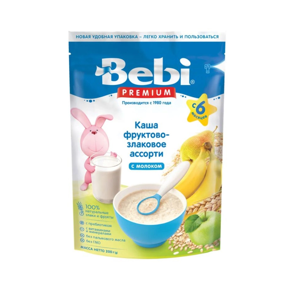 изображение Детская каша Bebi Premium молочная фруктово-злаковое ассорти  200гр от интернет-аптеки ФАРМЭКОНОМ