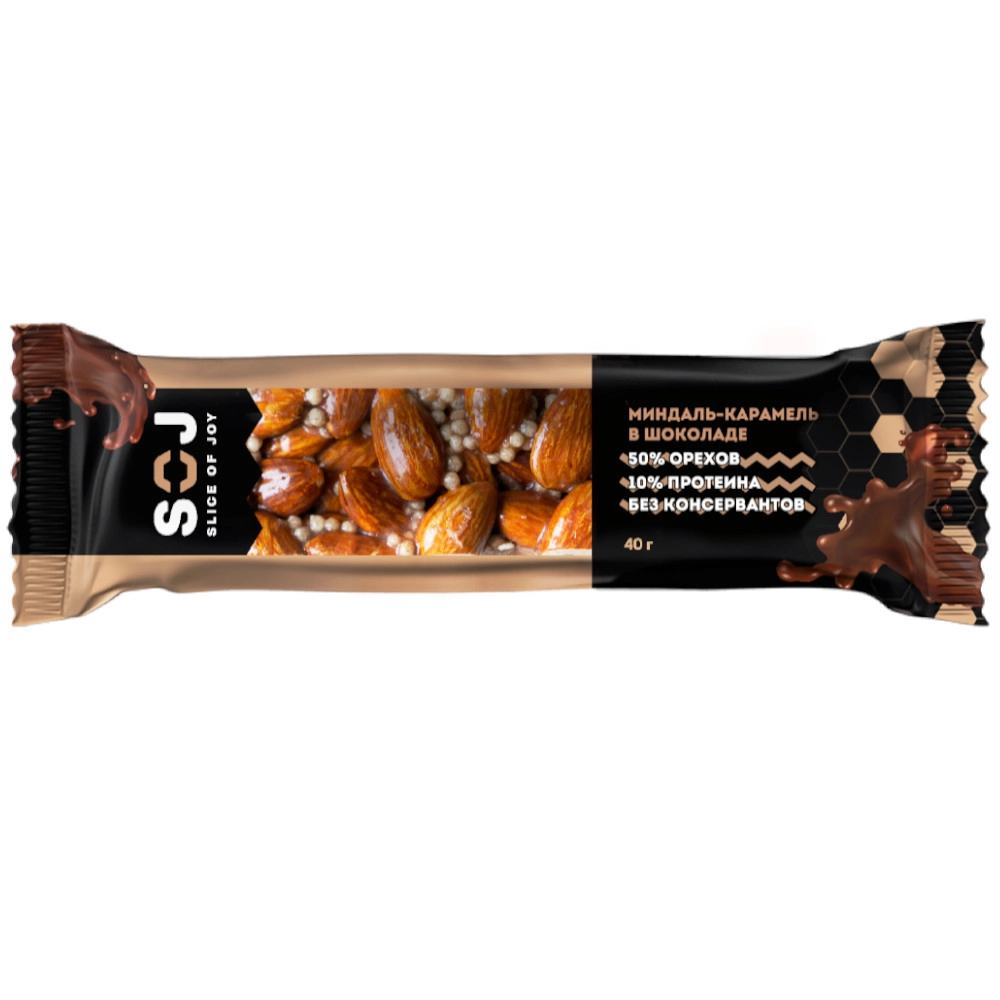 изображение Батончик ореховый SOJ Миндаль-Карамель в шоколаде 40г от интернет-аптеки ФАРМЭКОНОМ